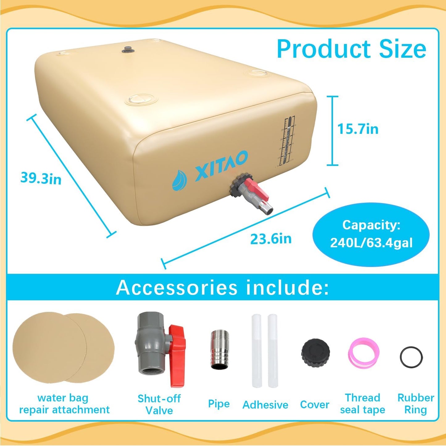 XITAO 63Gal/240L Water Storage Bladder w/Water Level Indicator, Large Capacity Foldable Water Storage Containers, Portable Emergency Water Tank Water Bag for RVs, Fire Prevention, Irrigation