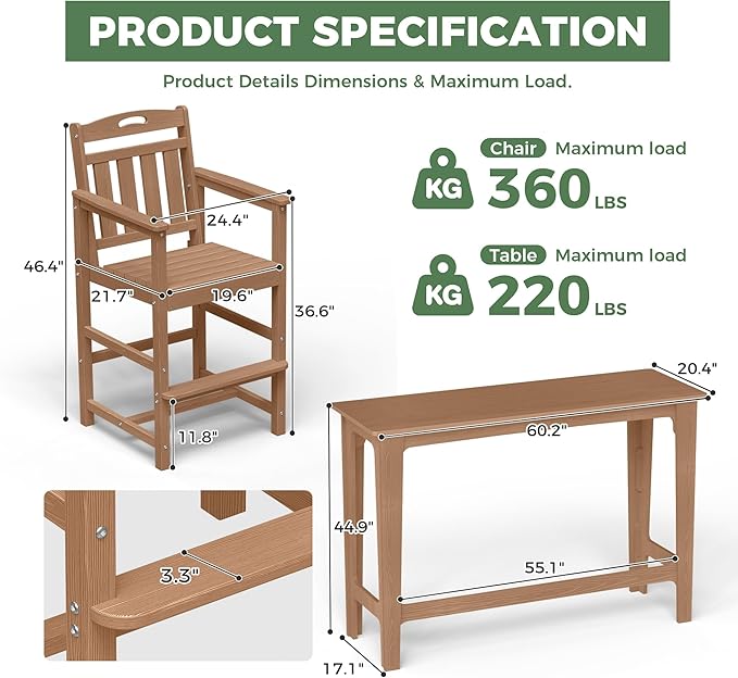 HDPE Outdoor Patio Bar Set with High Top Table and 2 Adirondack Chairs, All-Weather Bar Height Outside Rectangular Pub Furniture for Bistro, Garden, Backyard, Deck | 3-Pieces, Teak