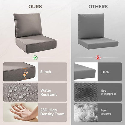 Luxury 6" Outdoor Cushions for Patio Furniture, 24x24x6" Thick Seat Cushion Set of 4, Fade Resistant Couch Chair Replacement Cushions High Density Deep Wicker Chair Cushion w/ Removable Cover Gray