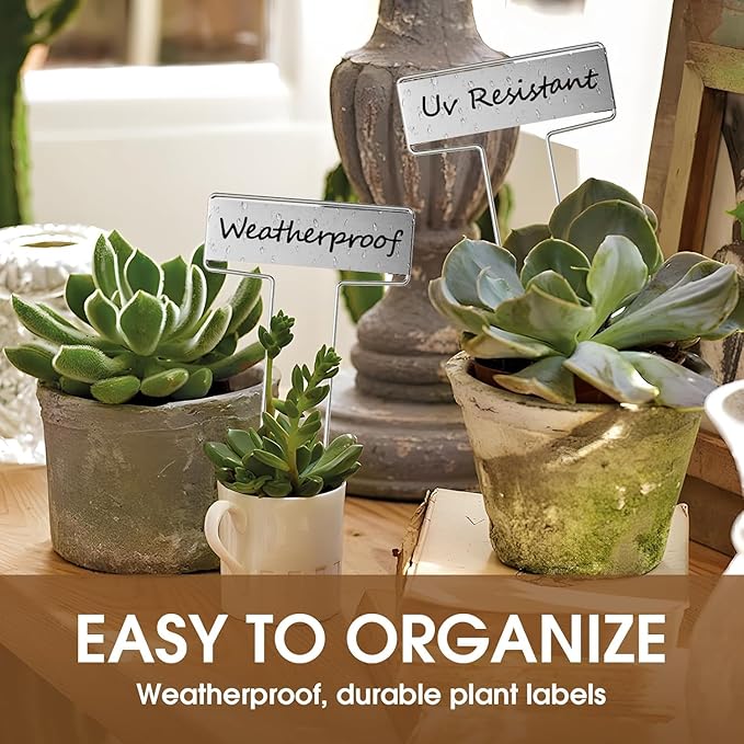 25PCS Silver Metal Plant Tags Plant Labels with 50Pcs Labels, Rainproof PET Film & 2 Permanent Pen, 6.1 inch Weatherproof Banner Garden Markers, Marking Protection Seedling Signs Nursery Tags