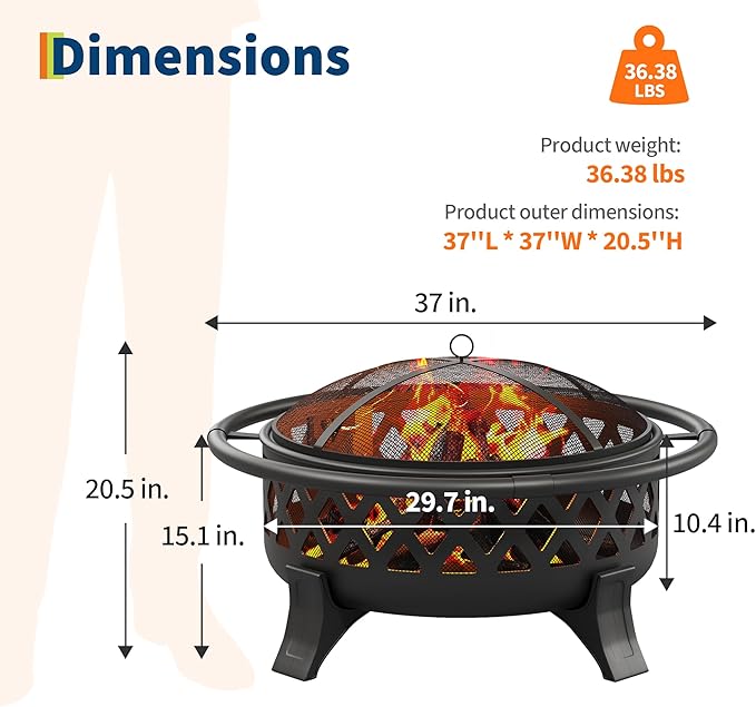 37 Inch Outdoor Fire Pit with Poker, Wood Burning Fire Pit with Spark Screen Cover, Firepits for Outside Backyard, Patio, Camping
