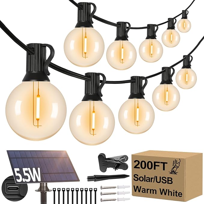 200FT(2 x100FT) G40 Solar String Lights, Globe Outdoor String Lights with 104 E12 Waterproof LED Bulbs, 2700K Shatterproof Patio Lights, Solar Powered Hanging Lights for Christmas Patio Backyard Porch