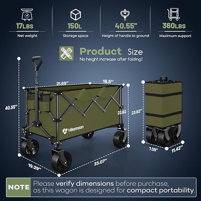 150L Collapsible Wagons Carts Foldable, 360LBS Heavy Duty Folding Beach Cart with Big All-Terrain Wheels, Portable Utility Wagon for Grocery, Shopping, Garden, Sports, Green