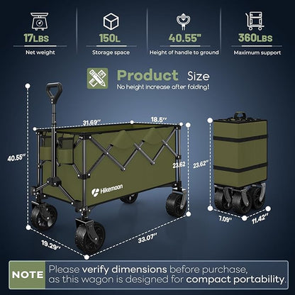 150L Collapsible Wagons Carts Foldable, 360LBS Heavy Duty Folding Beach Cart with Big All-Terrain Wheels, Portable Utility Wagon for Grocery, Shopping, Garden, Sports, Green