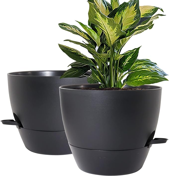WOUSIWER 10 inch Self Watering Planters, 2 Pack Large Plastic Plant Pots with Deep Reservior and High Drainage Holes for Indoor Outdoor Plants and Flowers, Black