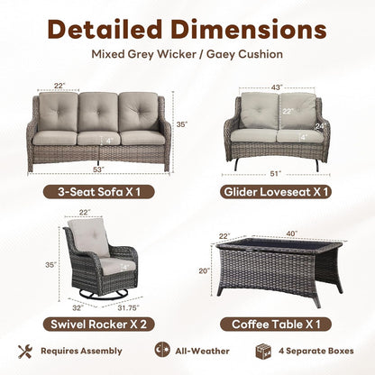 5 Piece Outdoor Patio Furniture Set - Outdoor Conversation Couch and Loveseat Glider Chair Furniture Set with Rattan Coffee Table for Deck Balcony Poolside Gray Wicker/Grey Cushions