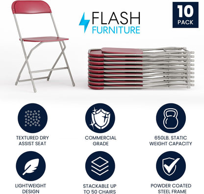 Hercules Series Plastic Folding Chair Red - 10 Pack 650LB Weight Capacity Comfortable Event Chair-Lightweight Folding Chair