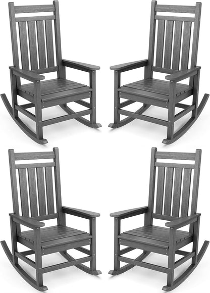 SERWALL Outdoor Rocking Chair Set of 4, HDPE Rocking Chairs for Adult, All Weather Porch Rockers for Lawn Garden, Grey