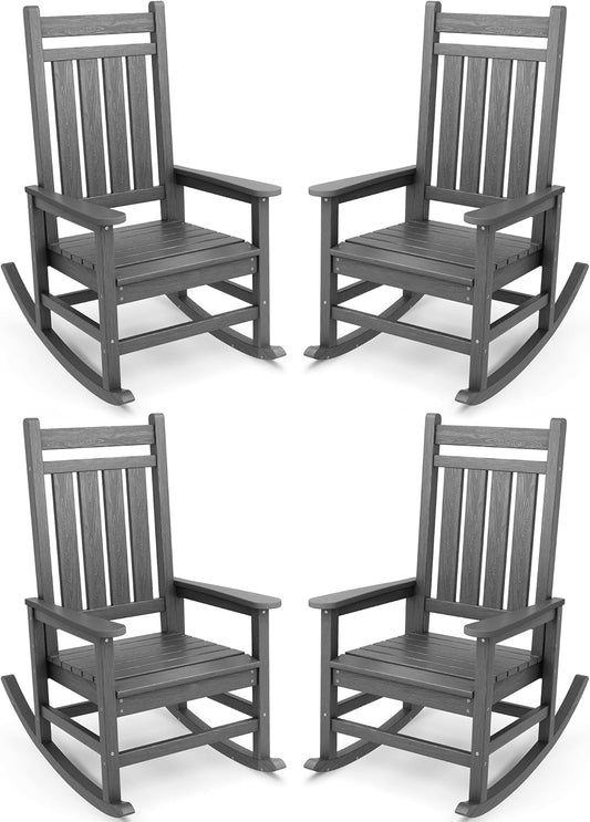 SERWALL Outdoor Rocking Chair Set of 4, HDPE Rocking Chairs for Adult, All Weather Porch Rockers for Lawn Garden, Grey