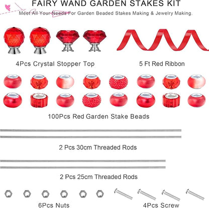 119Pcs Garden Stake DIY Fairy Wand Plant Stake with Red Large Hole Beads Crystal Diamond Stopper Top 4 Stainless Steel Threaded Rod Beaded Garden Stakes for Outdoor Indoor Yard Patio Decorations