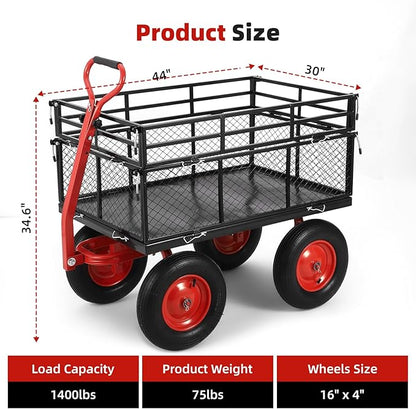 1400 LBS Steel Garden Yard Cart, Heavy-Duty Metal Garden Wagon Convertible 2-in-1 Handle and Removable Sides to Convert into Flatbed Lawn and Utility Wagons Cart