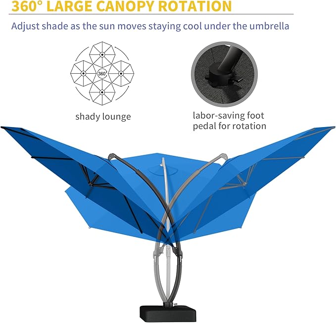 Kingdura 12ft Cantilever Patio Umbrella with Base Included, Large Round Offset Outdoor Pool Umbrella, 360° Rotation & Infinite Tilt, Heavy Duty Aluminum Frame for Deck Backyard, Royal blue