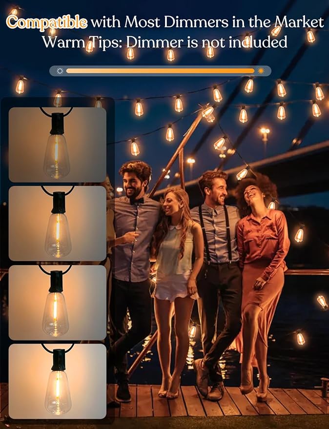 GHUSTAR 50FT LED Outdoor String Llights (NOT Solar) – Patio Lights Outdoor Waterproof for Outside – 2700K Vintage Edison Bulb String Light – Shatterproof Hanging Light for Cafe Porch Deck