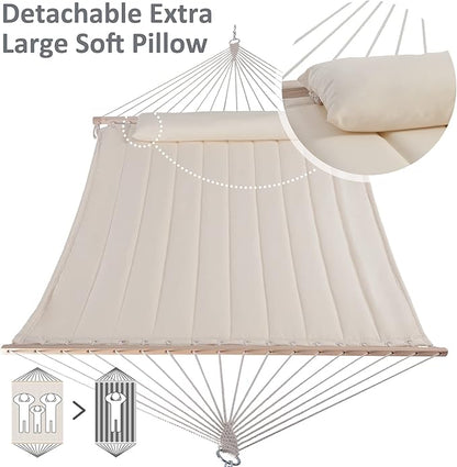 SUNCREAT Double Hammock for 2 Person, Extra Large Outdoor Portable Hammock with Hardwood Spreader Bar, Soft Pillow, 475 lbs Capacity, Beige