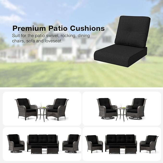 Joyside Outdoor Chair Cushions Set, 22x25/22x24 Inch Patio Furniture Deep Seat Cushions, Water Resistant & Thick Cushion, Outdoor Replacement Cushions for Seat and Sofa (Black, 2 Set)
