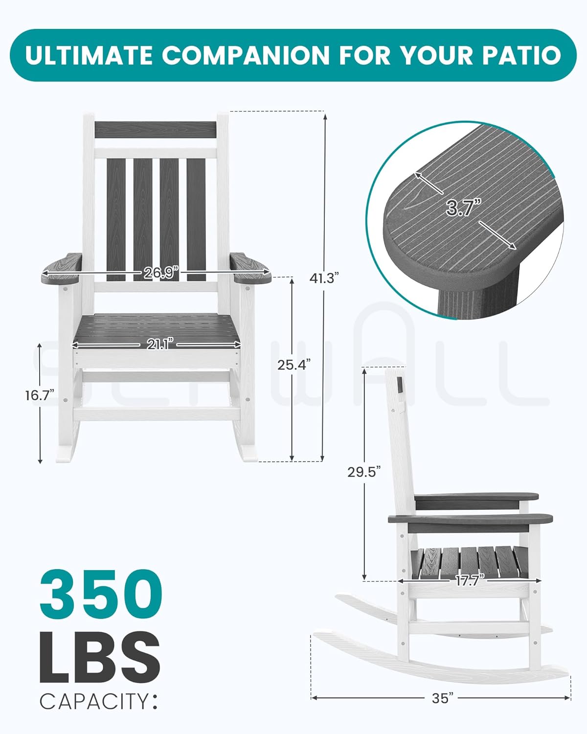 SERWALL Outdoor Rocking Chair, HDPE Rocking Chairs for Adult, All Weather Porch Rockers for Lawn Garden, Gray & White