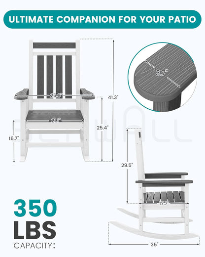 SERWALL Outdoor Rocking Chair Set of 4, HDPE Rocking Chairs for Adult, All Weather Porch Rockers for Lawn Garden, Gray & White