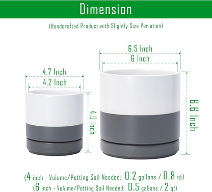 D'vine Dev 4.7 Inch & 6.5 Inch Ceramic Planter Pots for Plants with Drainage Hole and Saucer, Small Plant Pots Set, White/Speckled Grey, 94-G-S-6