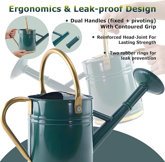1 Gallon Galvanized Metal Watering Can with Solid Brass Sprout, Handle & Base Trim - Genuine Forged Copper Joints for Indoor/Outdoor Plants, Garden, Balcony for Kids and Adults (Emerald Brass)