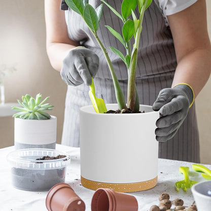 10 Inch Large Flower Pots for Indoor Outdoor Plants, Cylinder Deep Plant Pots with Drainage Holes and Saucer, Big Decorative Plastic Planter Pots for Garden House Plants, White with Brown