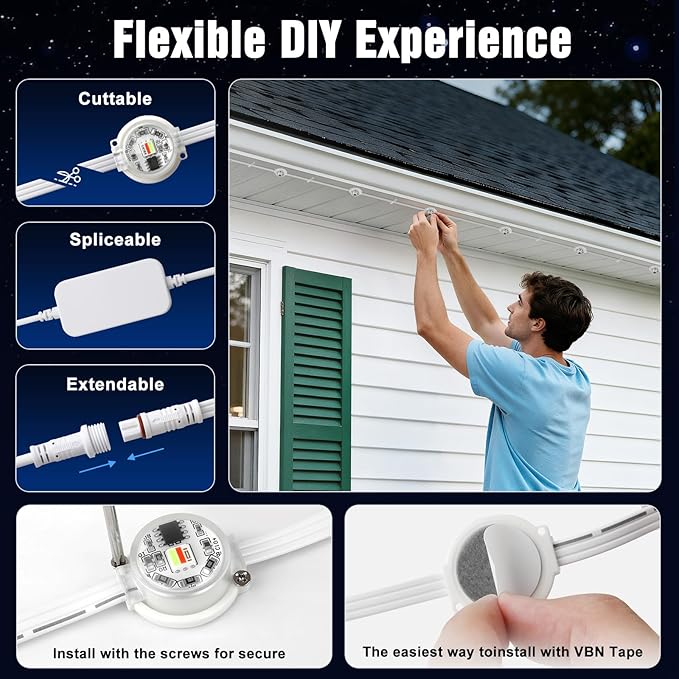 JOH Permanent Outdoor Lights, 200FT with RGB+IC Smart LED Outdoor Lights for House, App & Remote Control, DIY Scene Modes, IP67 Waterproof Christmas Light, Holiday, Party, Halloween Decorations