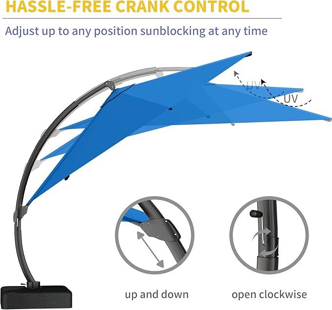 Kingdura 12ft Cantilever Patio Umbrella with Base Included, Large Round Offset Outdoor Pool Umbrella, 360° Rotation & Infinite Tilt, Heavy Duty Aluminum Frame for Deck Backyard, Royal blue