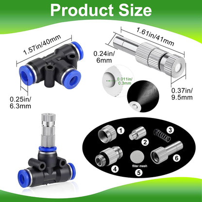 Mornajina 20 Pcs Brass Misting Nozzles Mister Replacement Nozzles with Filter Mesh & 1/4" Water Misting Nozzle Tees Kit, 0.012"/0.3mm Orifice Misting System Heads Sprayer for Outdoor Cooling System,