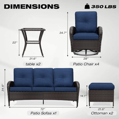 Joyside 9 Piece Patio Furniture Set, Outdoor Wicker Conversation Sets with Swivel Rocker Chairs and Sofa, Thick Cushion, Rattan Patio Sectional for Porch, Deck Use (Brown/Blue, 9 PCS)