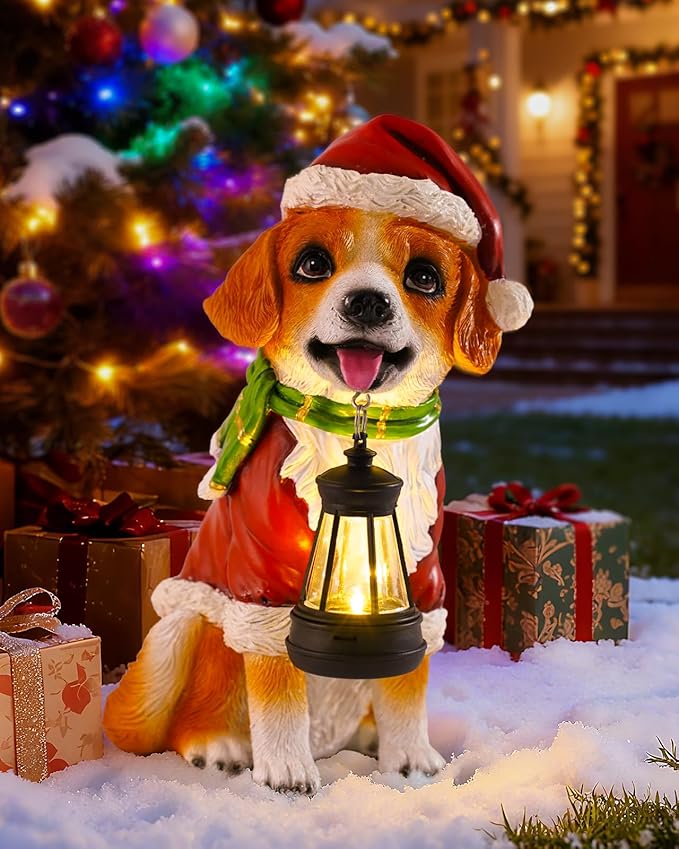 Christmas Dog Garden Statue with Solar Lantern – Santa Dog Figurine in Red Coat & Hat, Outdoor Christmas Yard & Porch Decorations, Balcony & Lawn Decor, for Dog Lovers