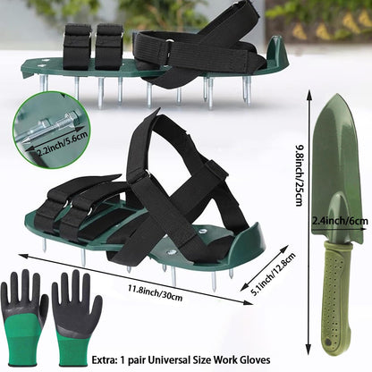 Aerator Shoes for Lawn, Long Spike Shoes for Self Levelling Floor with Hook & Loop Straps, Including Stainless Steel Shovel and Work Gloves, Spiked Aerating Sandals for Yard Patio Garden Grass Lawn