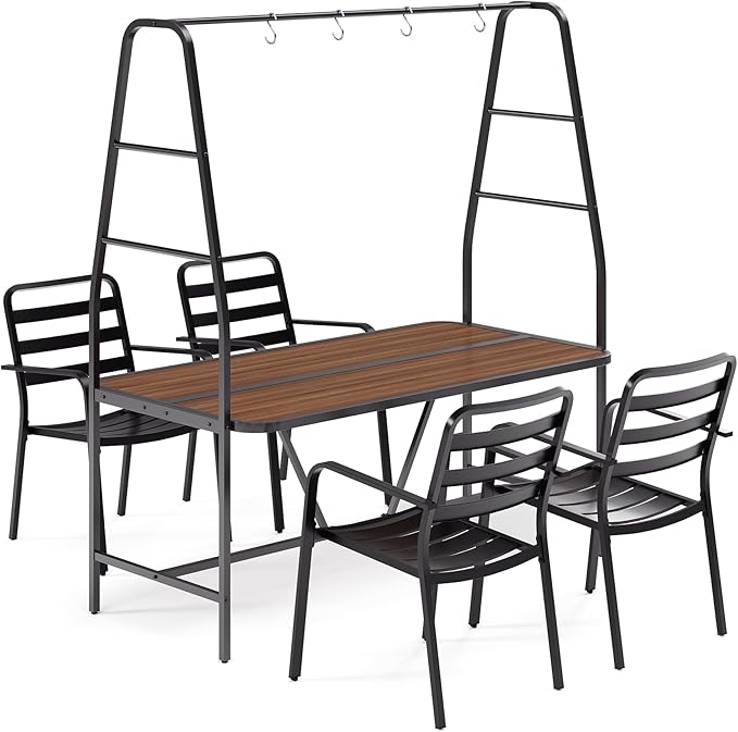 LAUSAINT HOME A-Frame Outdoor Dining Table Set for 4 with 4 Hooks, Patio Furniture Set for Garden, Backyard and Patio, for Family, Holiday and Winter, Black