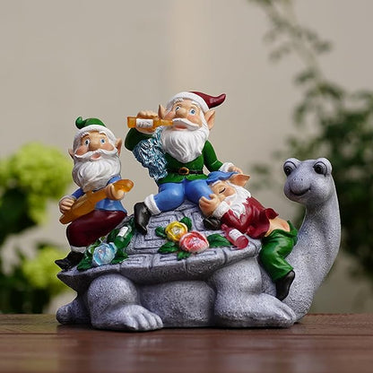 Solar Garden Outdoor Statues Three Gnomes Having Party on Turtle with 7 LED Solar Figurine for Lawn,Patio,Balcony,Yard Decor Unique Housewarming Gift, for Grandfather, Father,Grandma,Wen