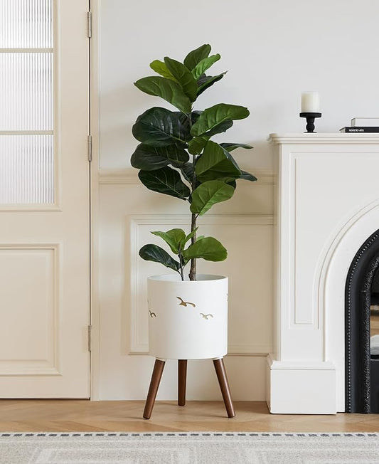 12 Inch Planter,Plant Pot with Stand for Indoor Plants,Large Modern Plant Pots with a Dove Pattern Indoor Outdoor with Drainage for Home Garden Patio,White and Gold