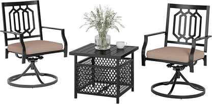 PHI VILLA 3 Piece Outdoor Bistro Set for 2, 22" Wrought Iron Square Table with Umbrella Hole & Swivel Metal Chairs, Small Furniture Conversation Set for Porch, Deck, Balcony, Patio, Yard - Black