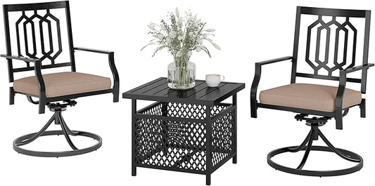 PHI VILLA 3 Piece Outdoor Bistro Set for 2, 22" Wrought Iron Square Table with Umbrella Hole & Swivel Metal Chairs, Small Furniture Conversation Set for Porch, Deck, Balcony, Patio, Yard - Black