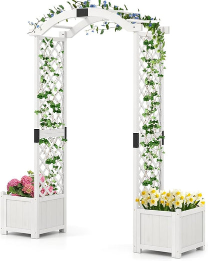 Giantex Garden Arbor with Planter Boxes, Wooden Arch with Trellis and Raised Garden Bed for Climbing Vine Plants Vegetables Herbs, Decorative Arbor Archway for Wedding, Ceremony, Party (White)