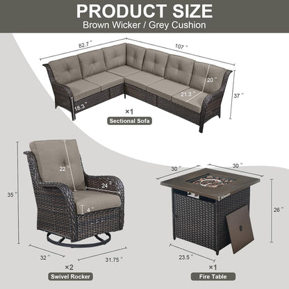 Outdoor Sectional Sofa Furniture Set with Propane Fire Pit Table, Wicker Patio Conversation Set with 2 Swivel Glider Rocker Chairs Grey Cushion Perfect for Backyard Casual Gathering