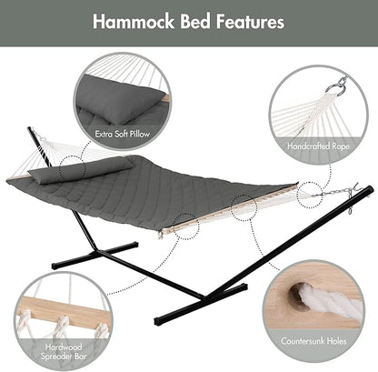 ANOW Outdoor Hammock with Stand 12FT, Heavy Duty Hammock with Steel Stand, Included Detachable Pillow and Pad, 450 LBS Weight Capacity, Gray