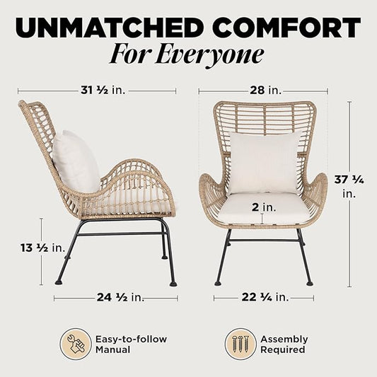IDZO Isabelle Upgraded 2000 Hours UV Wicker Chairs Outdoor Set of 2, 500 lbs Capacity Outdoor Patio Chair, All-Weather Club Chair with Water-Resistant Olefin Cushions, Boho Style, Beige