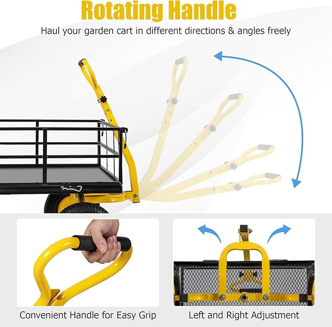Utility Garden Cart, 1200 lbs Capacity Heavy Duty Wagon Cart with Rotating Handle, Removable Sides & 13" Wheels, Metal Utility Cart for Outdoor Hauling & Gardening