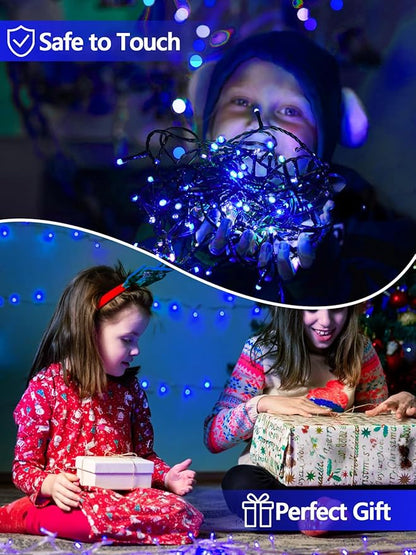 2 Pack 200 LED Solar String Lights Outdoor, Solar Christmas Lights with 8 Lighting Modes, Waterproof Green Wire Solar Tree Lights for Outside Xmas Wedding Party Garden Patio Yard Decorations (Blue)