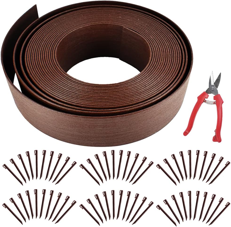 Landscape Edging Kit, Include 4 Inch High 120 Feet Length Terrace Board, 60 Durable Spikes，Professional Edging Pruning Shear, Brown