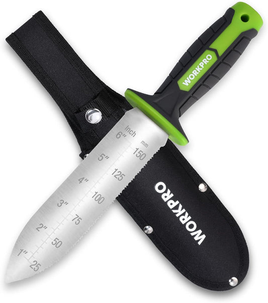 WORKPRO Hori Hori Garden Knife, 7" Stainless Steel Blade with Cutting Edge, Garden Tools with Oxford Sheath, Ergonomic TRP Handle with Hanging Hole for Weeding, Planting, Digging, Green