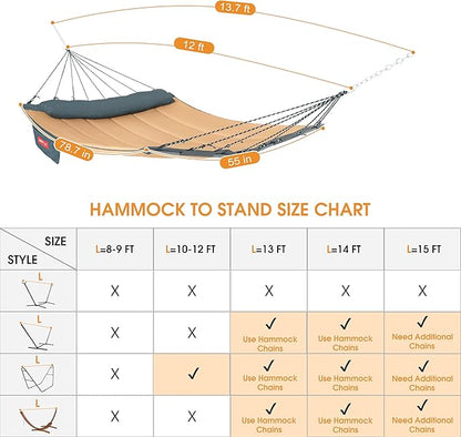 Lazy Daze Hammocks 12 FT Quilted Fabric Hammock with Curved Aluminium Spreaders Bar, Outside Double Thickened Hammock with Soft Pillow, Side Pocket 450 Lbs Capacity for Patio, Poolside, Khaki