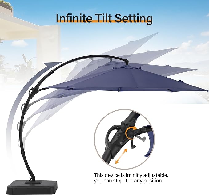 LAUSAINT HOME Sunbrella Outdoor Patio Umbrella with Base, 12FT Deluxe Curvy Cantilever Umbrella Offset Hanging Umbrella with 360° Rotation for Market, Pool, Deck, Garden, Backyard (Sunbrella Navy Blue)