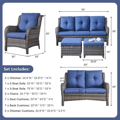 Rilyson Wicker Patio Furniture Set - 6 Piece Rattan Outdoor Sectional Conversation Sets with 1 Sofa,1 Loveseat,2 Armrest Chairs and 2 Ottomans for Porch Deck Garden(Mixed Grey/Blue)