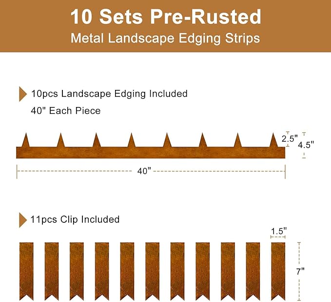 33ft Landscape Edging Cor-Ten Steel - Pre-Rusted Garden Border Kit, 10 Pack Hammer-in Lawn Edging Strips 11 Clips & Gloves - Durable Garden Edge for Lawn, Yard