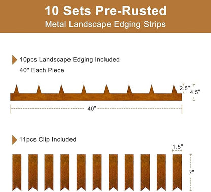 33ft Landscape Edging Cor-Ten Steel - Pre-Rusted Garden Border Kit, 10 Pack Hammer-in Lawn Edging Strips 11 Clips & Gloves - Durable Garden Edge for Lawn, Yard