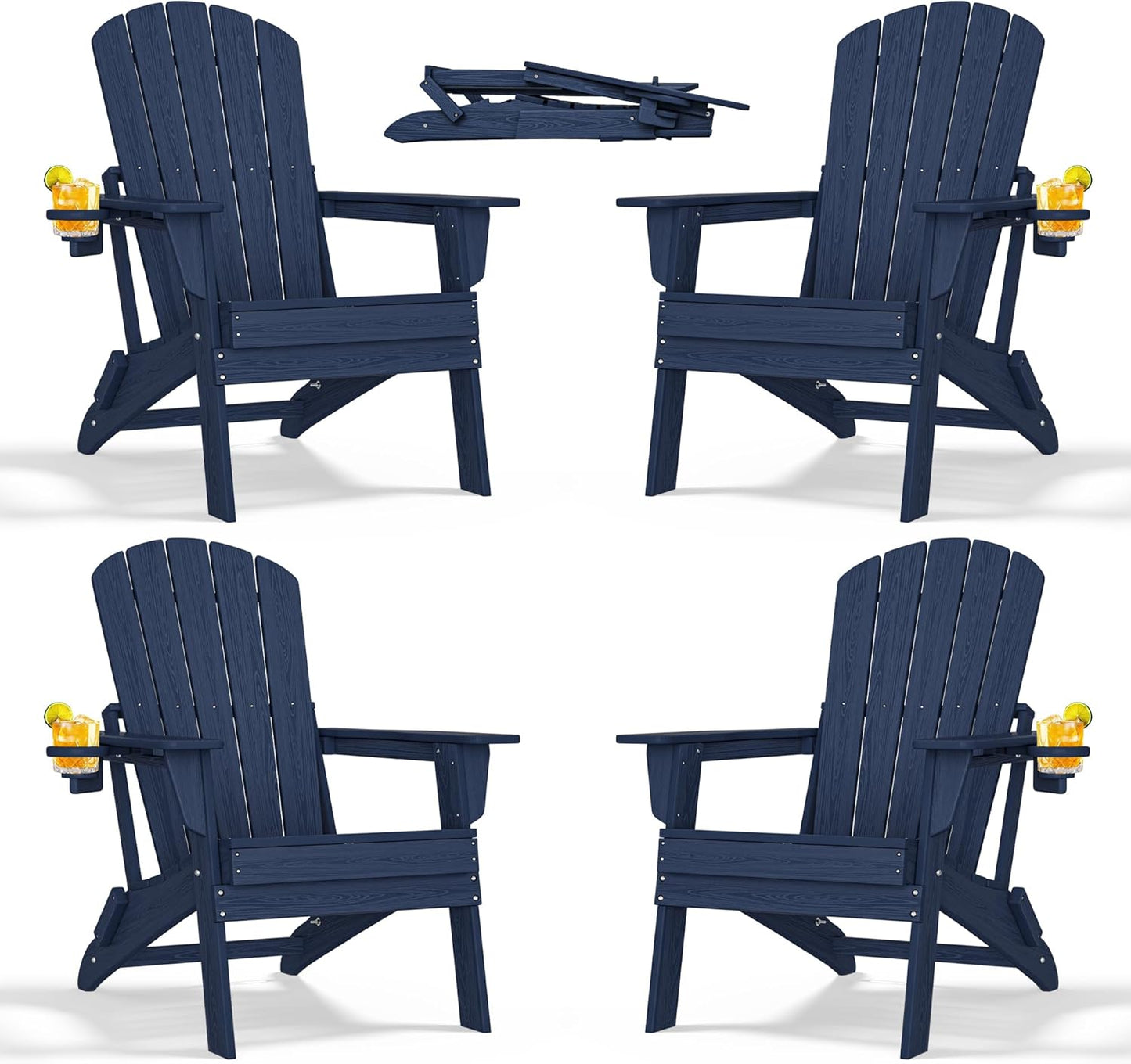 Folding Adirondack Chair - Extended Ergonomic Backrest, Cup Holder - Easy Assembly - Durable HDPE Plastic, Weather Resistant & Maintenance-Free - Lawn, Patio, Deck Supports 380lbs NavyBlue