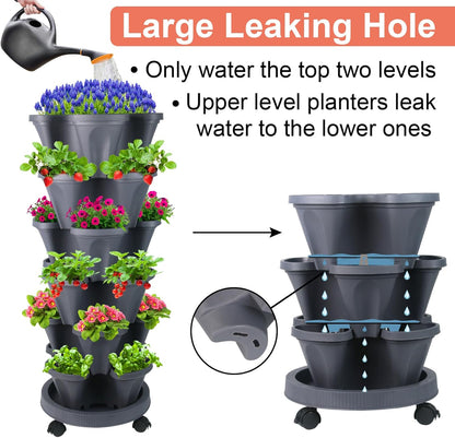 Vertical Planter 6 Tier Stackable Planters Garden Planters Strawberry Herb Flower and Vegetable Planter Indoor Outdoor Gardening Pots with Removable Wheels and Tools